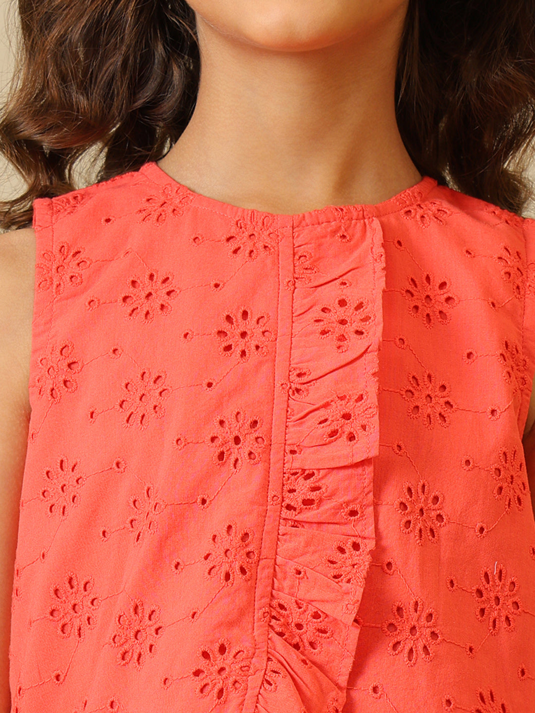 Coral girls sleeveless co-ord set with ruffle detailing and matching shorts