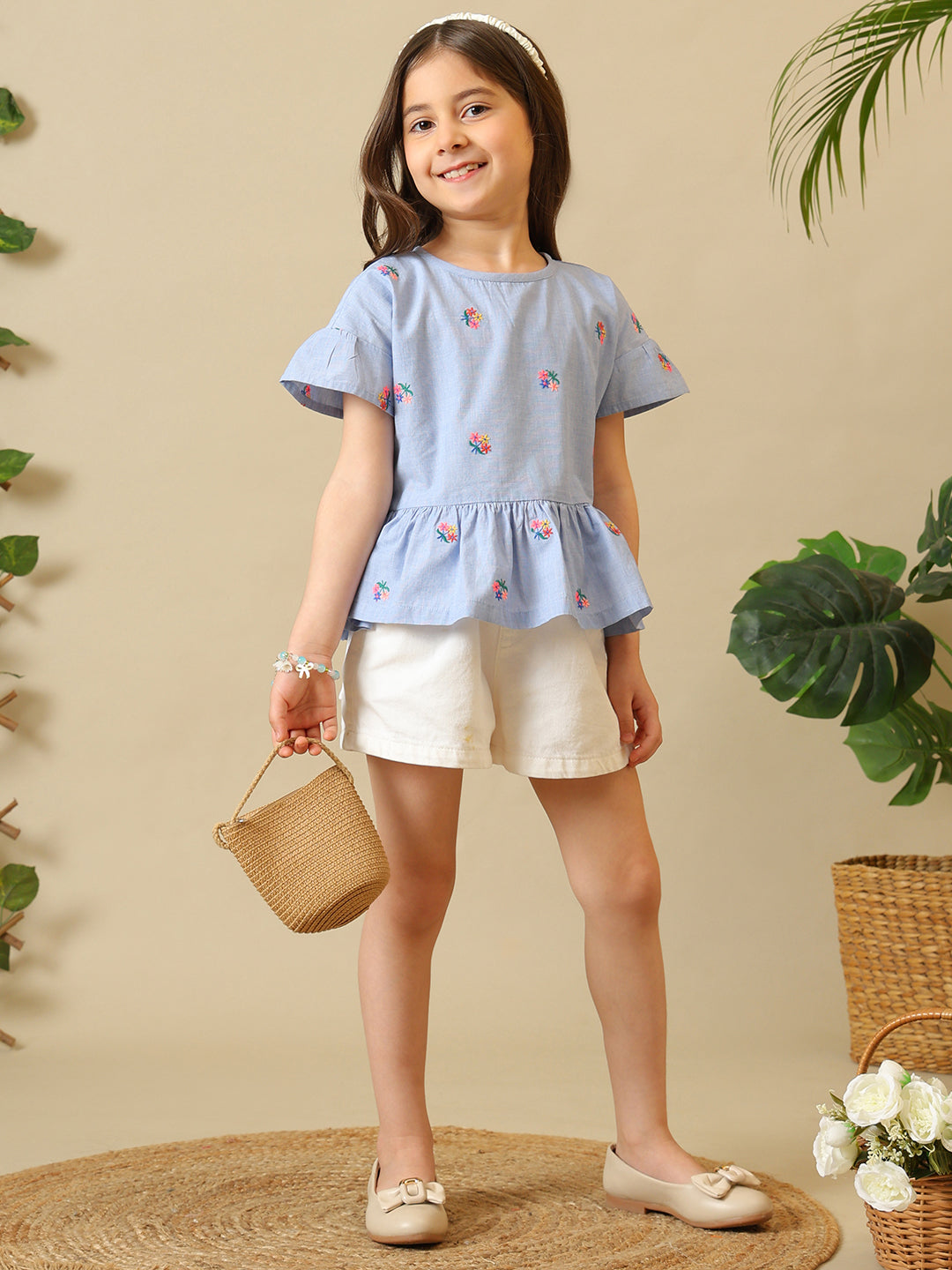 Girls Light Blue Embroidered Cotton Ruffle Top