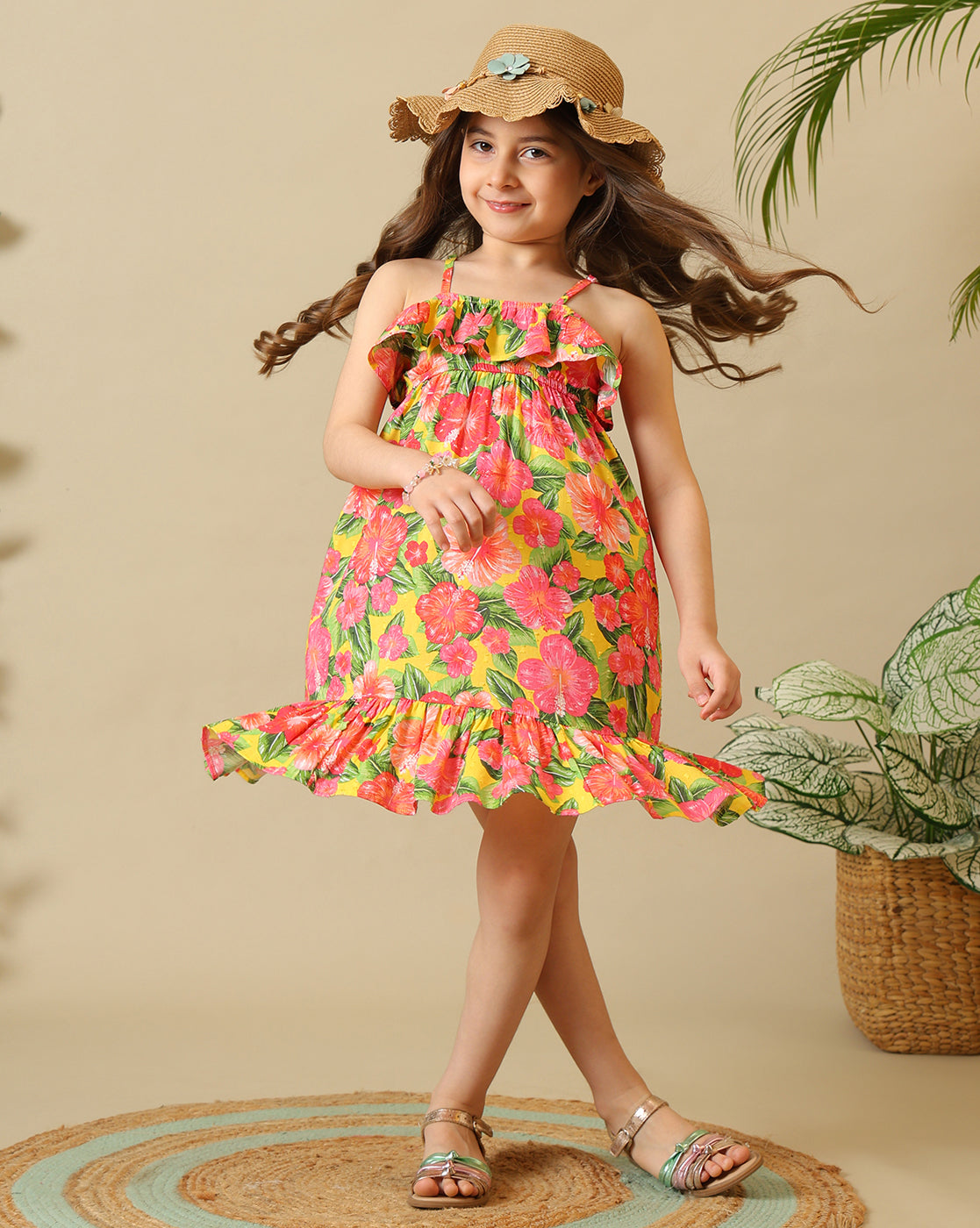 Girls Floral Printed Strappy Dress