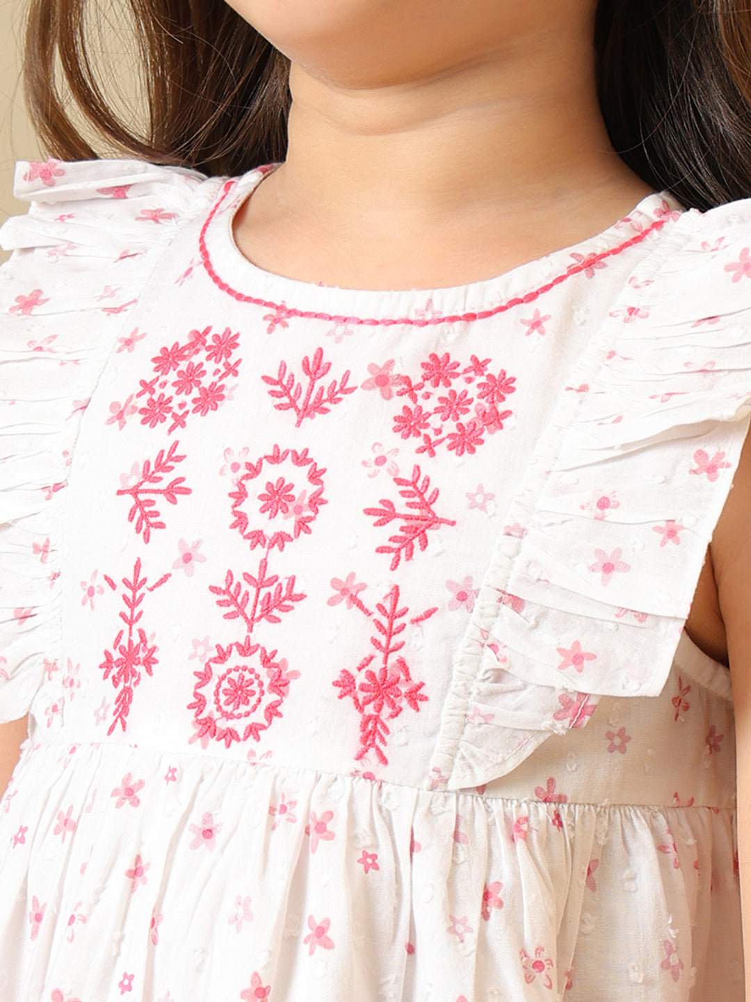 White girls floral printed sleeveless dress with ruffle detailing and tiered hem
