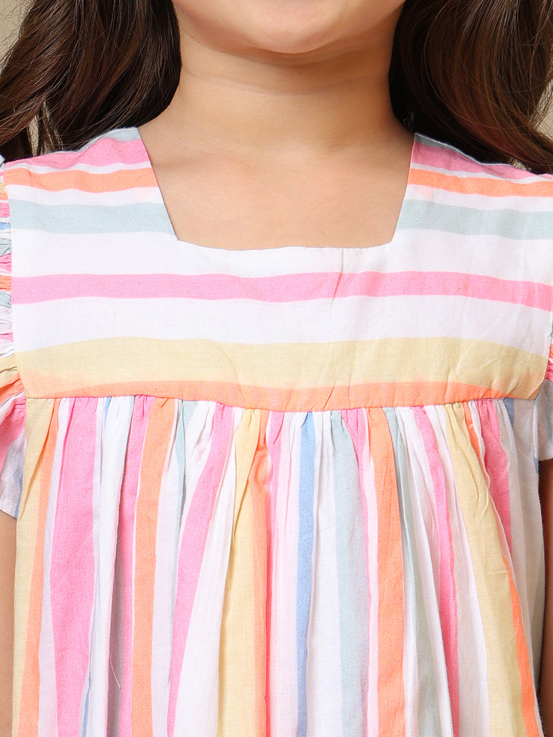 Multicolour striped girls fit and flare dress with ruffle sleeves and tiered hem
