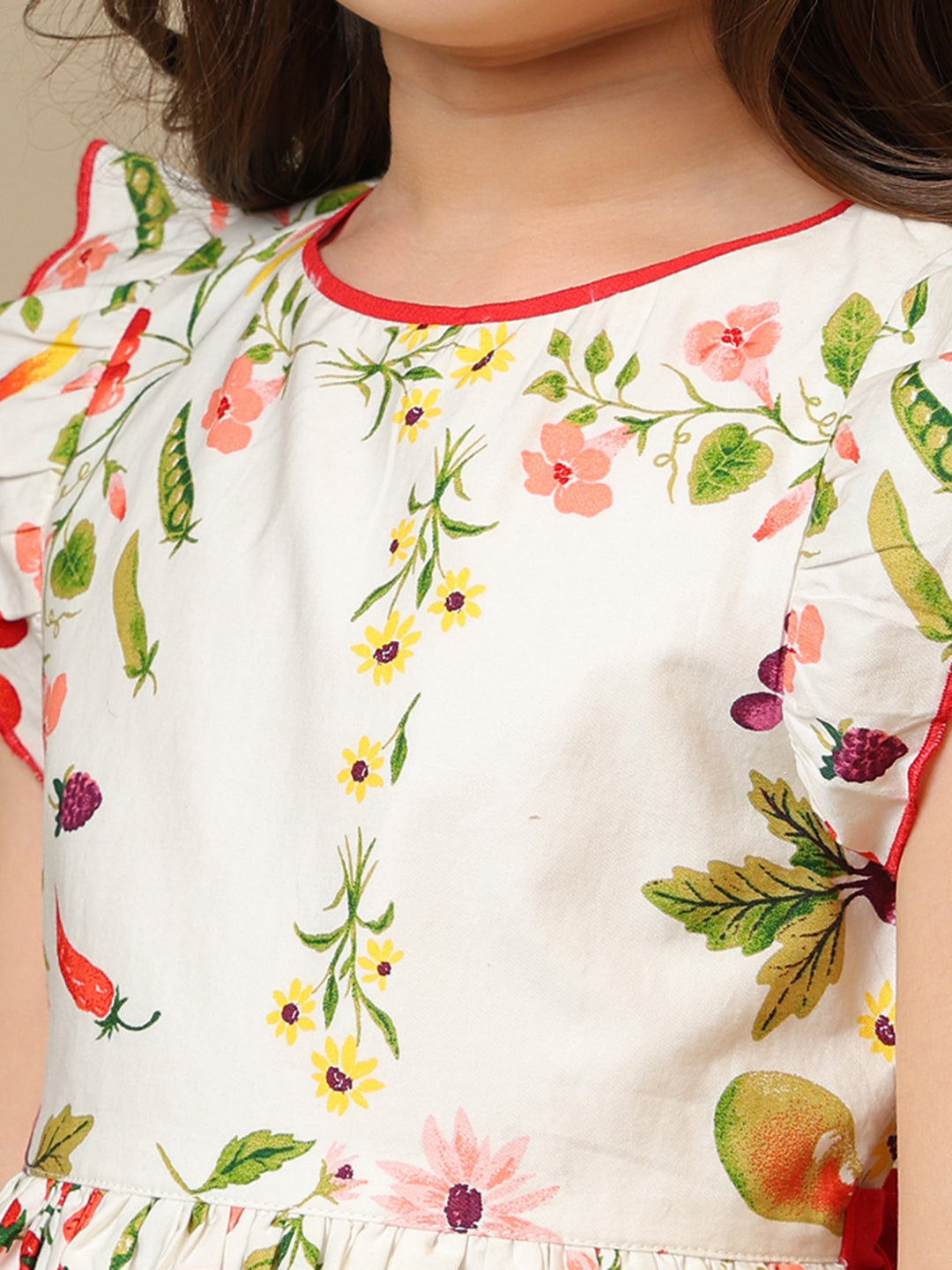 Cream girls floral printed fit and flare dress with ruffle sleeves and gathered waist