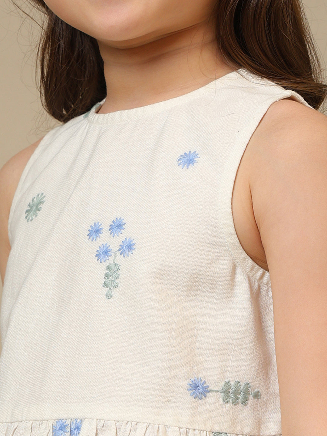 Cream girls embroidered co-ord set with peplum sleeveless top and wide-leg pants