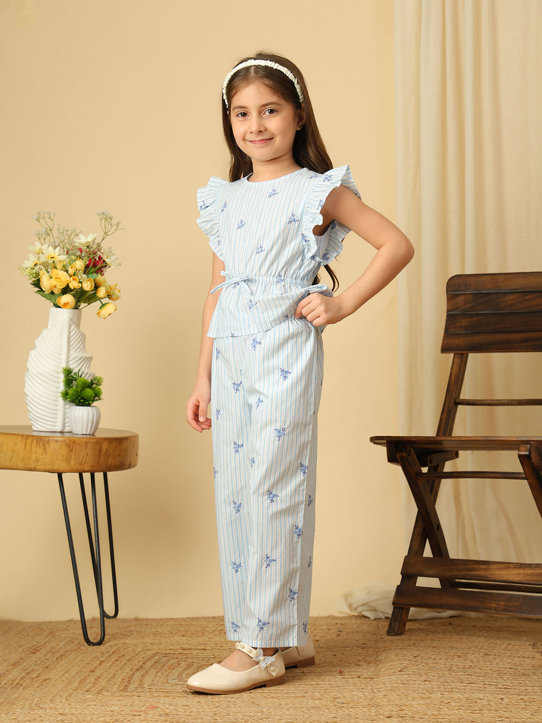 Blue Striped Embroidered Co-Ord Set