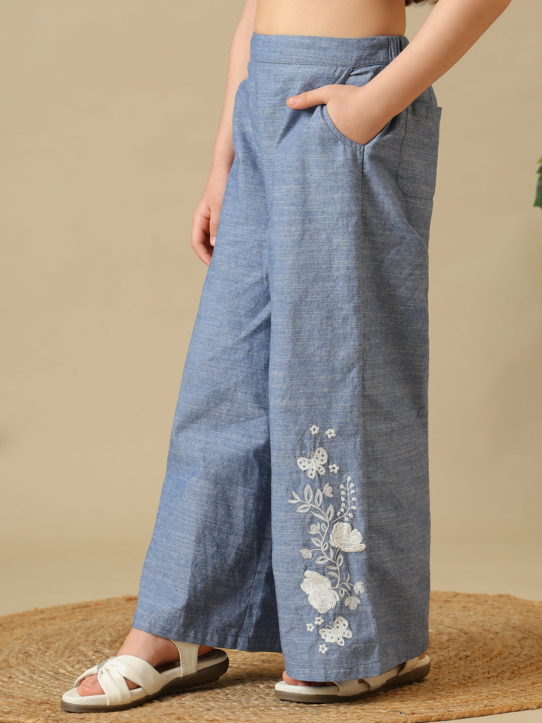 Girls Blue Embroidered Chambray Pant Set