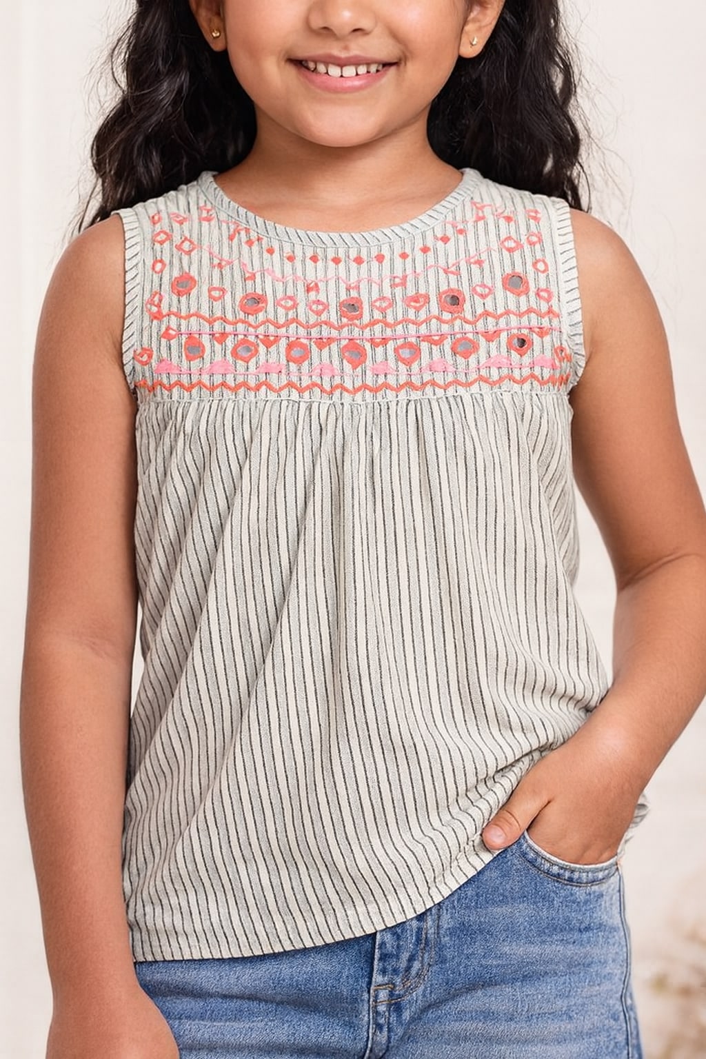 Girls Striped Embroidered Sleeveless Top