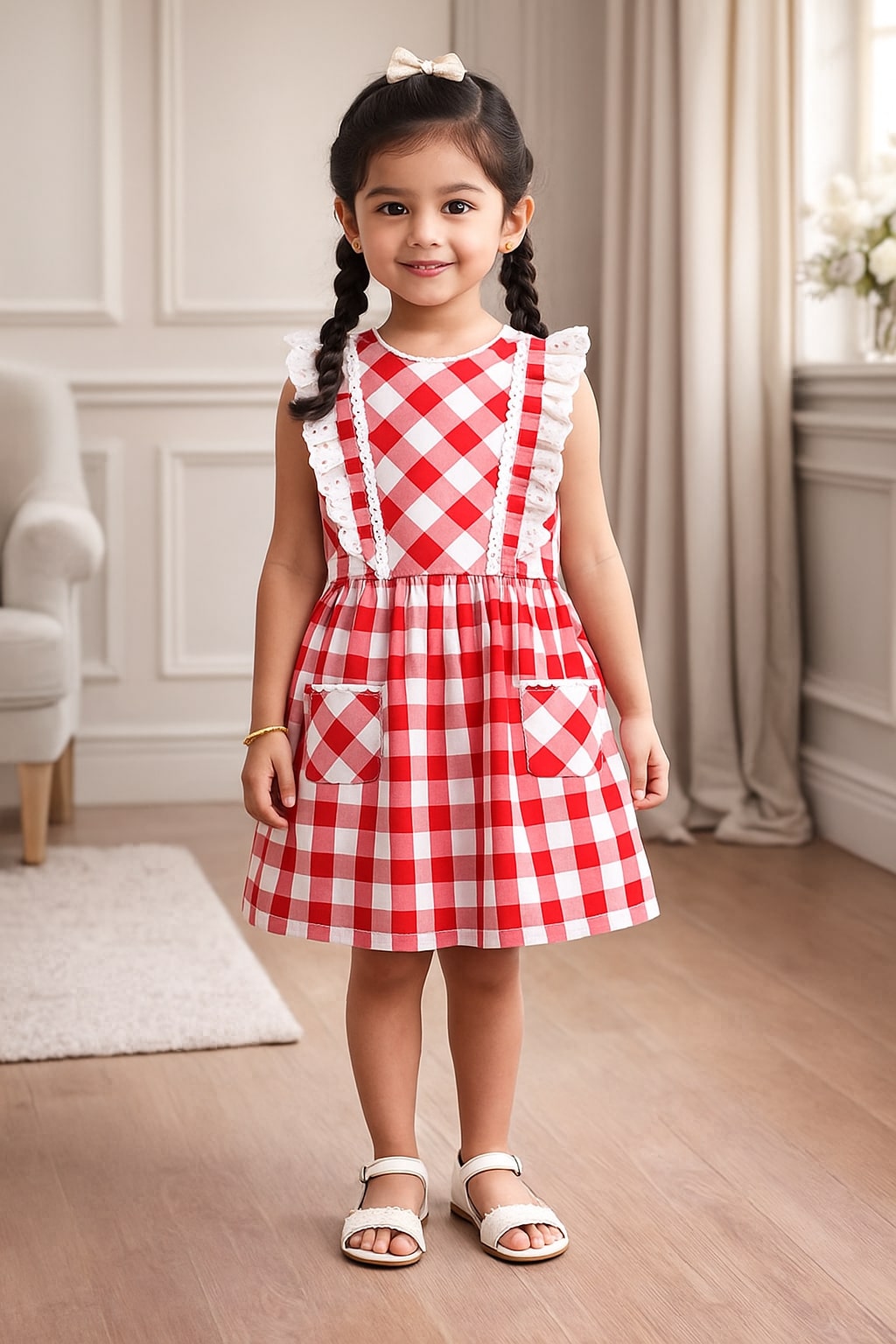 Girls Red Checked Sleeveless Dress