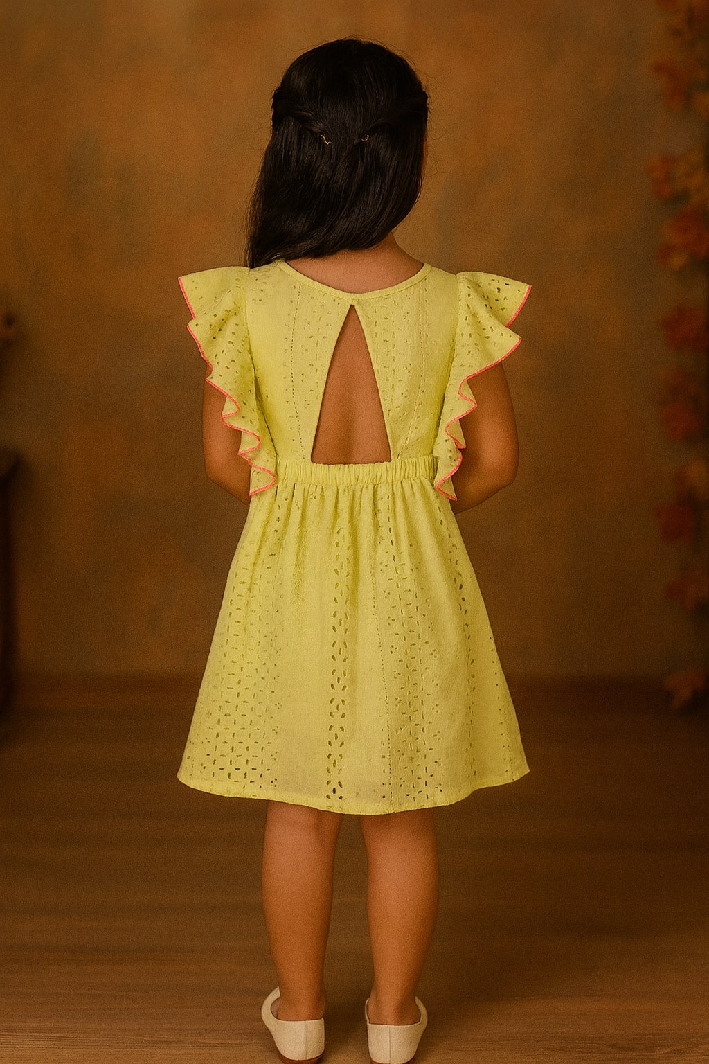 Girls Schiffli Ruffle Sleeve Dress