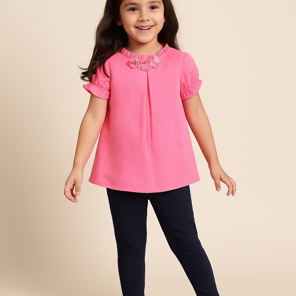 Girls Pink Puff Sleeve Casual Top
