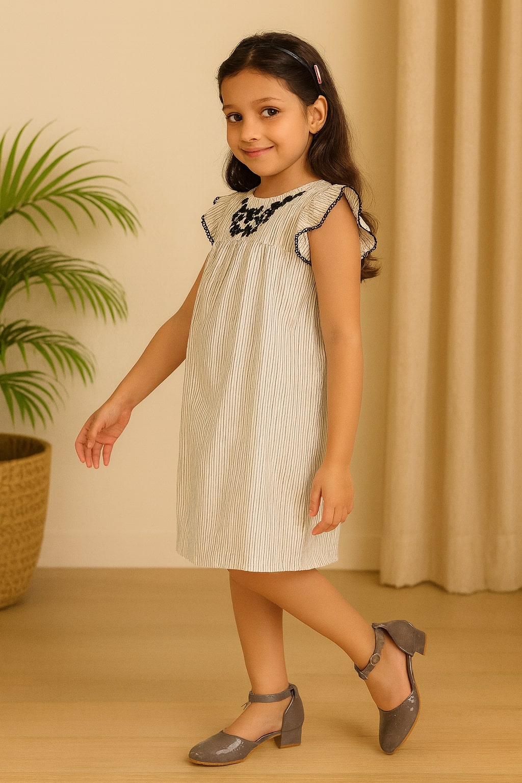 Girls Striped Embroidered Dress
