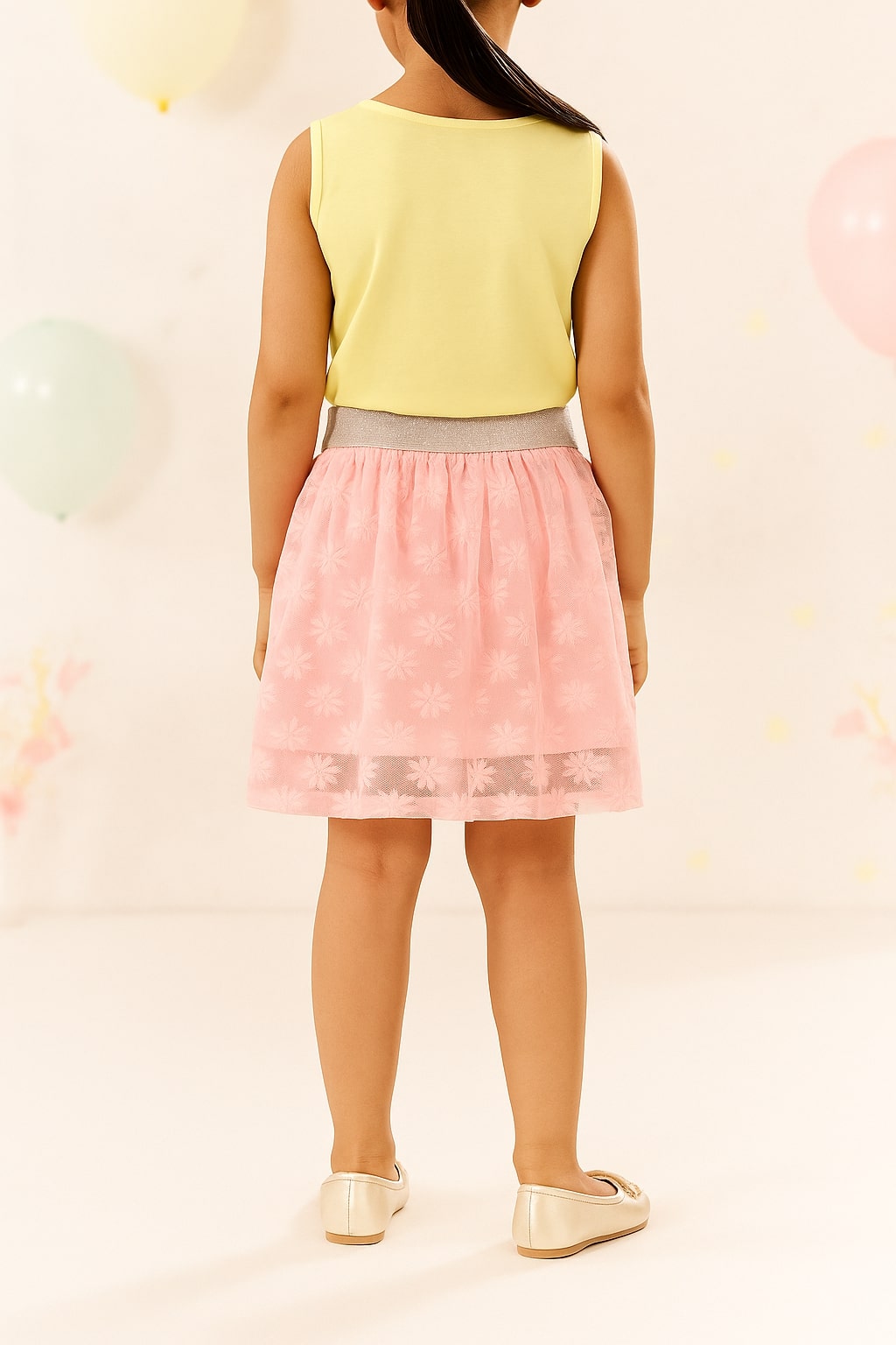 Girls Floral Embroidered Mesh Flared Mini Skirt
