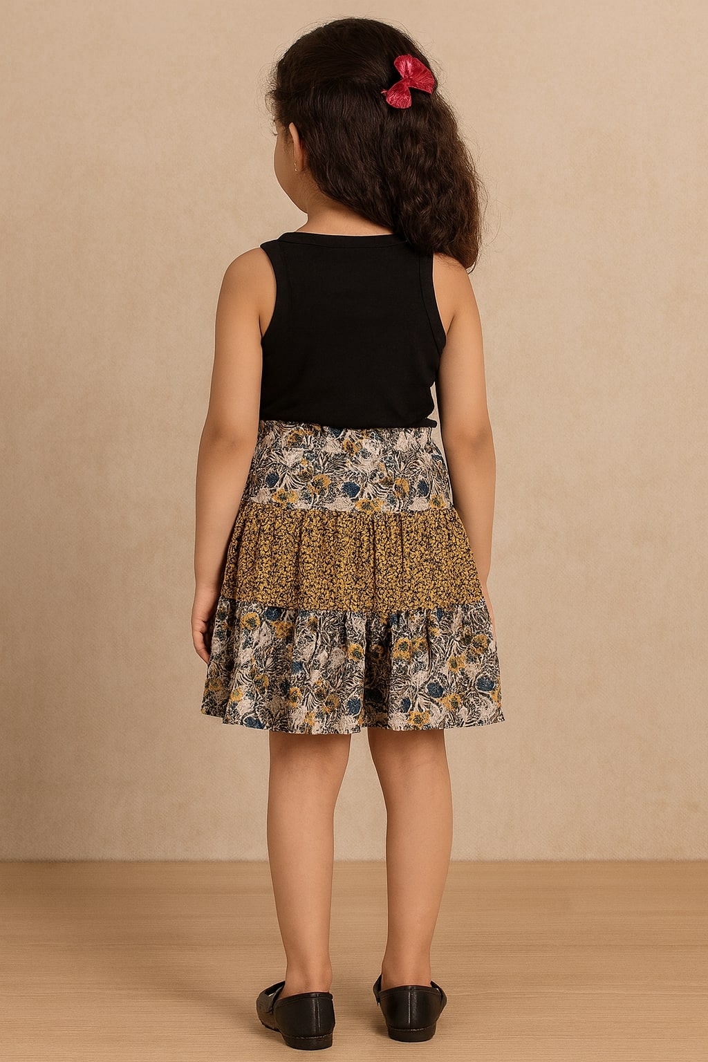 Girls Mixed Floral Printed Tiered Flared Mini Skirt