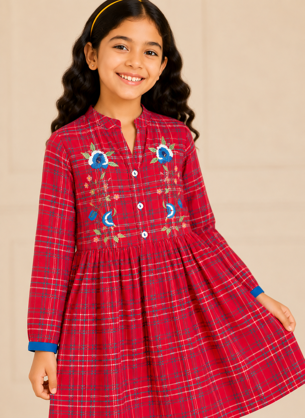 Girls Pink Checked Fit & Flare Dress