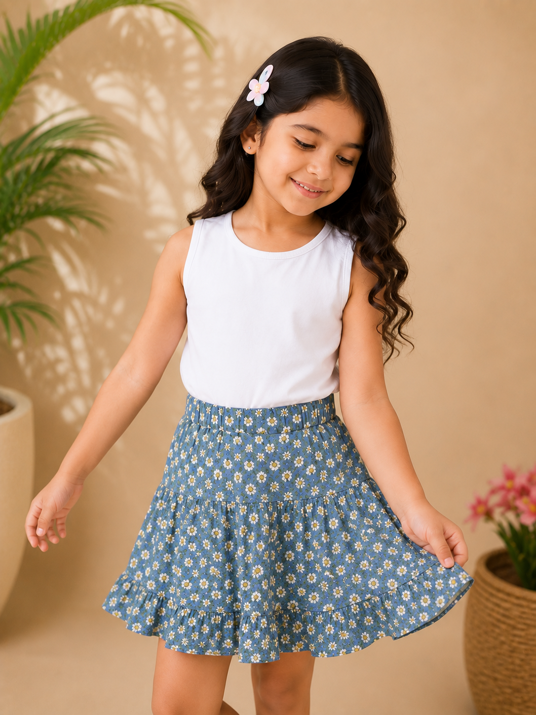 Girls Floral Printed Tiered Mini Skirt