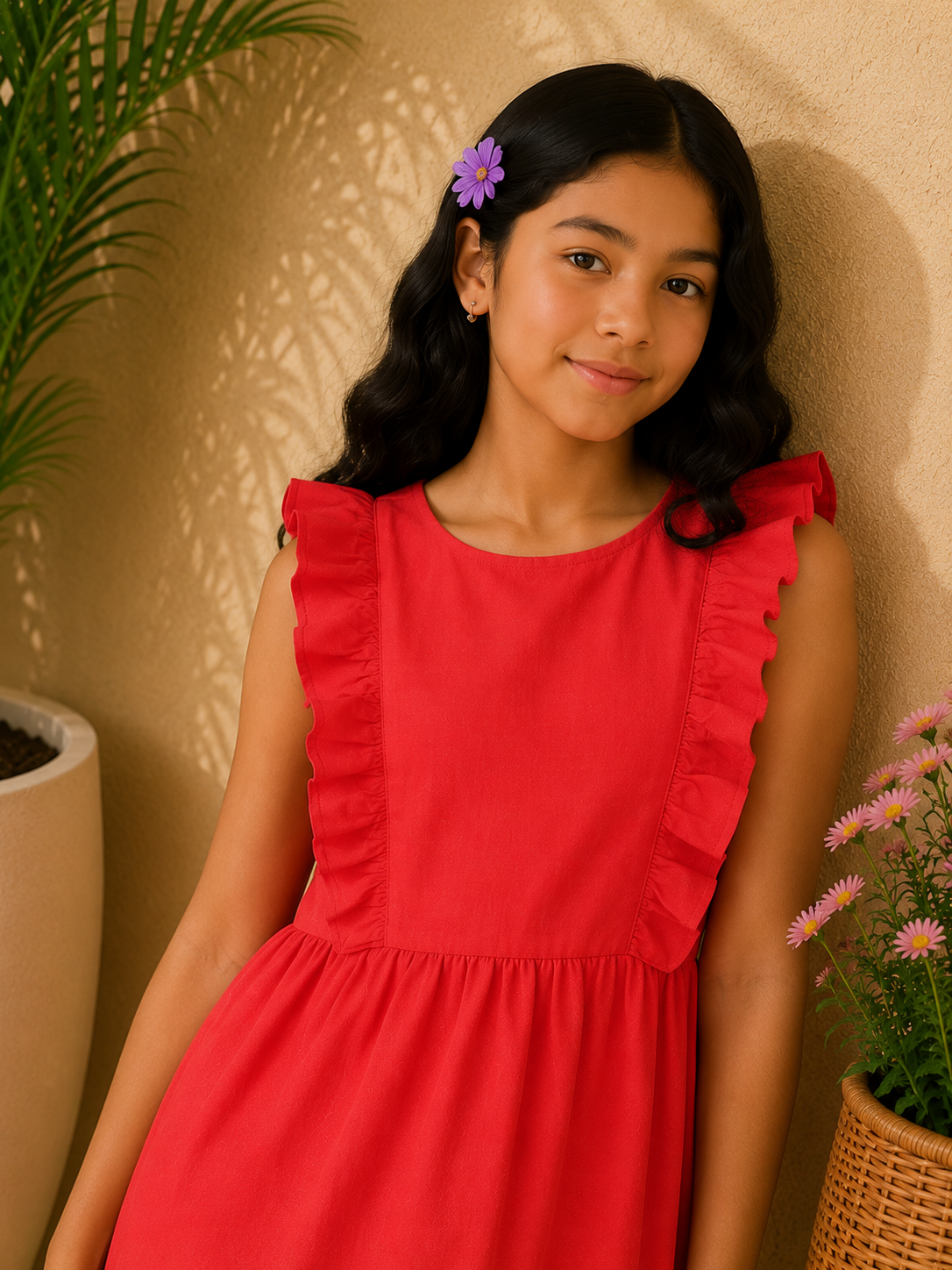 Girls Red V-Strap Dress