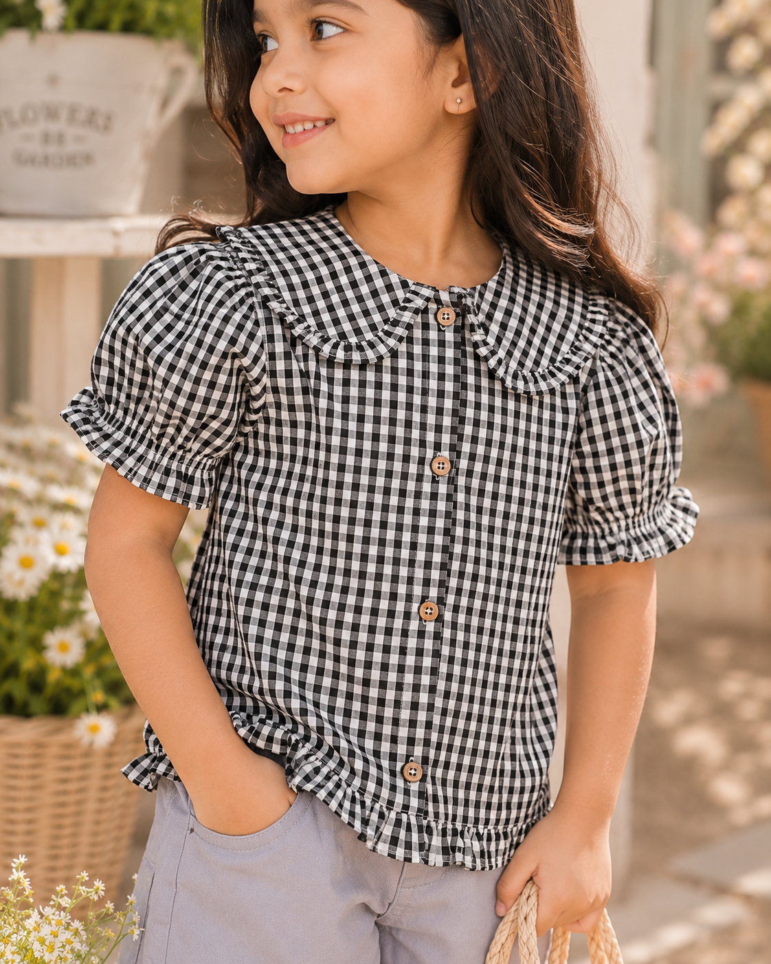 Girls Checked Collar Top