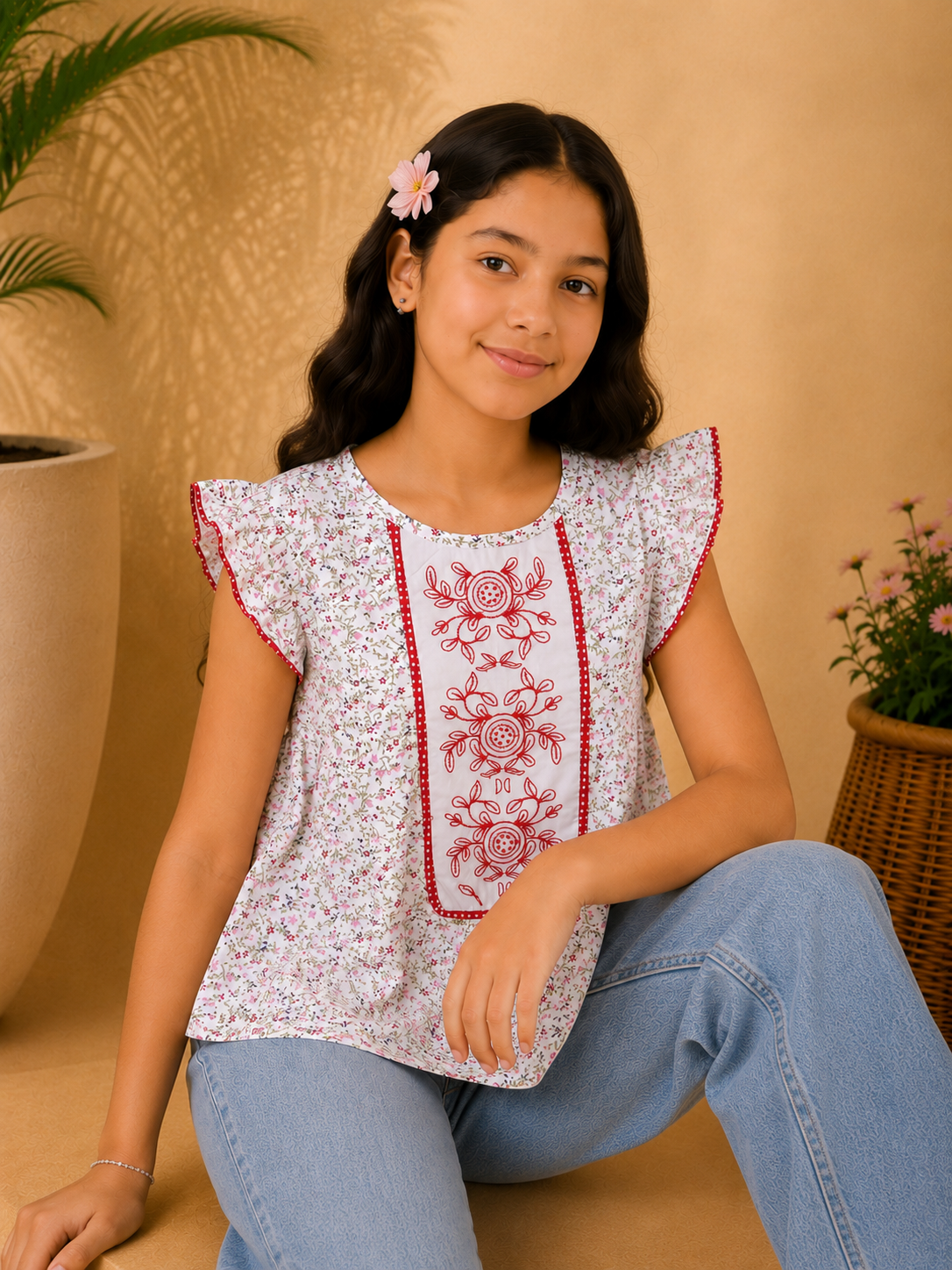 Girls Floral Flutter Sleeve Top