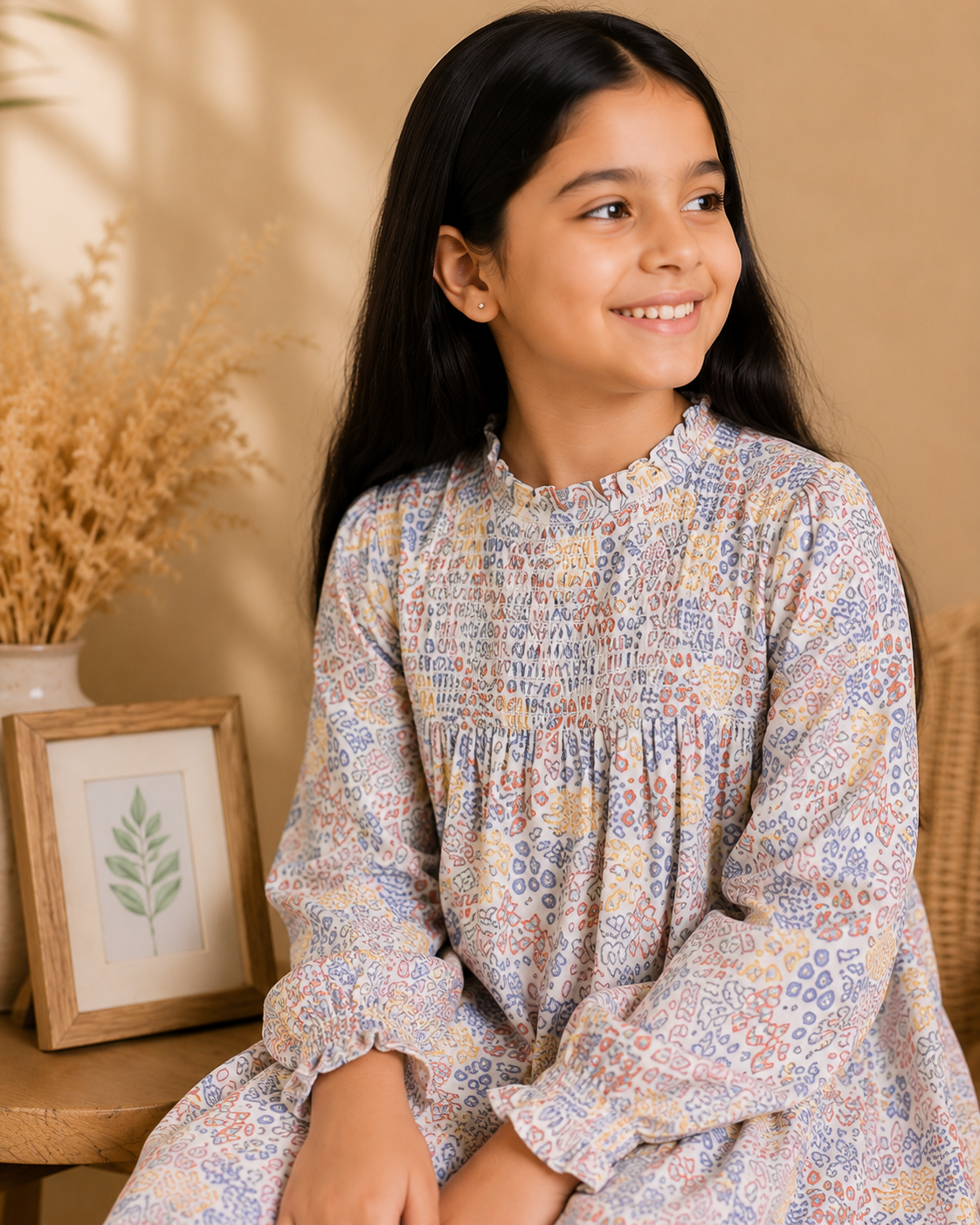 Girls Floral Smocked Sleeve Dress