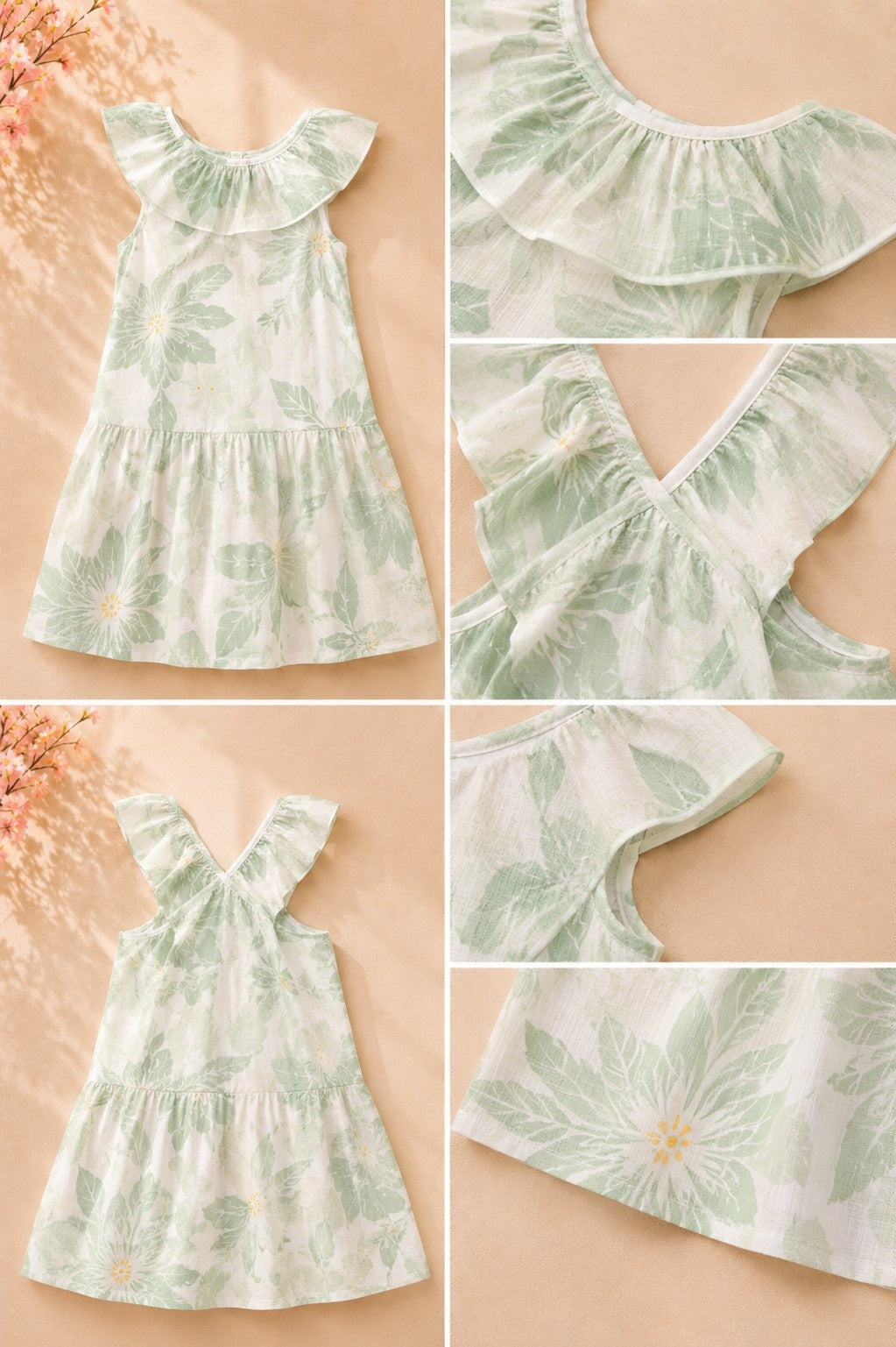 Girls Green Floral Printed Ruffle Neck Fit & Flare Dress