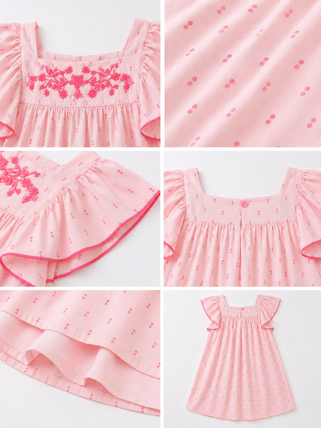 Girls Pink Embroidered Flutter Sleeve Dress