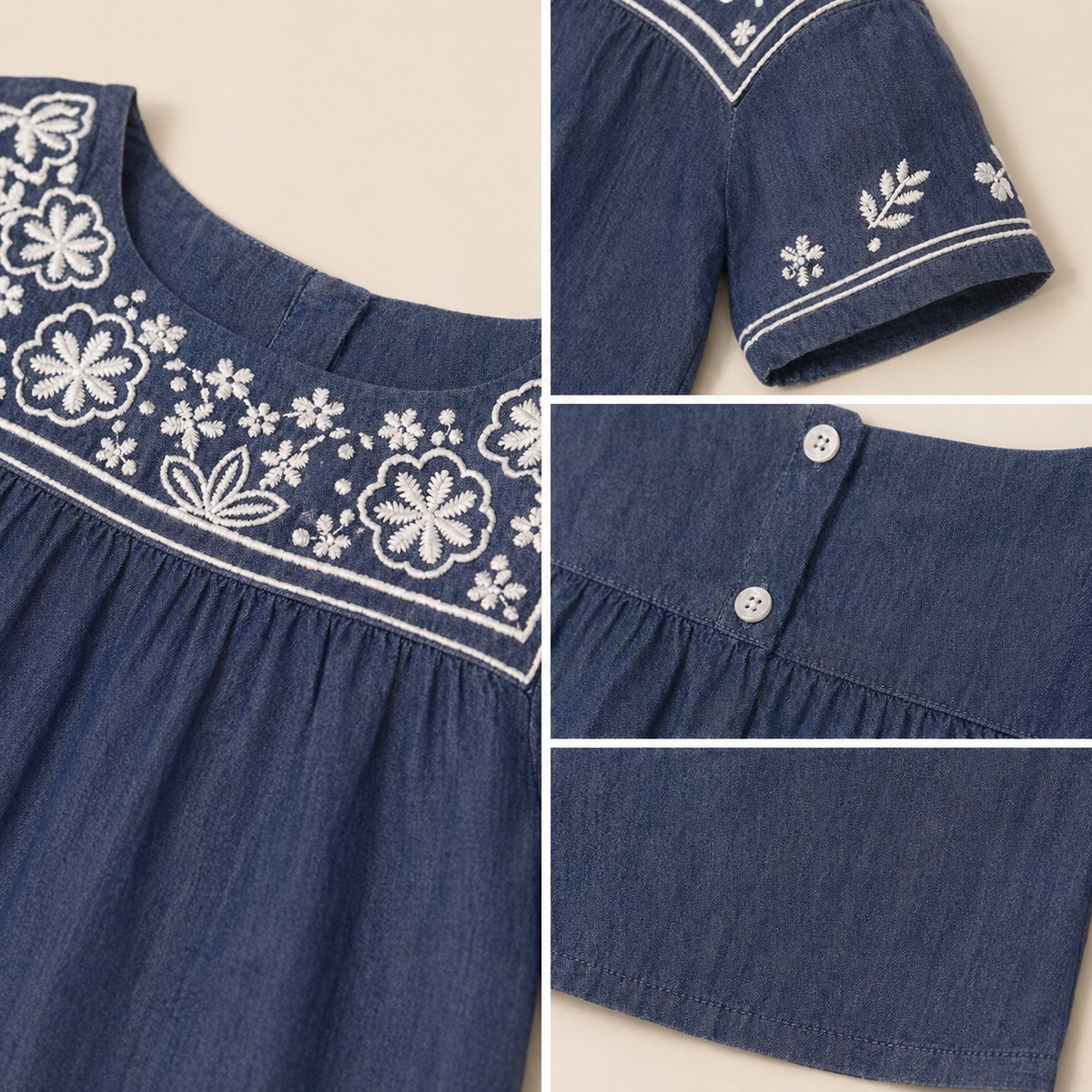 Girls Denim Look Embroidered Top