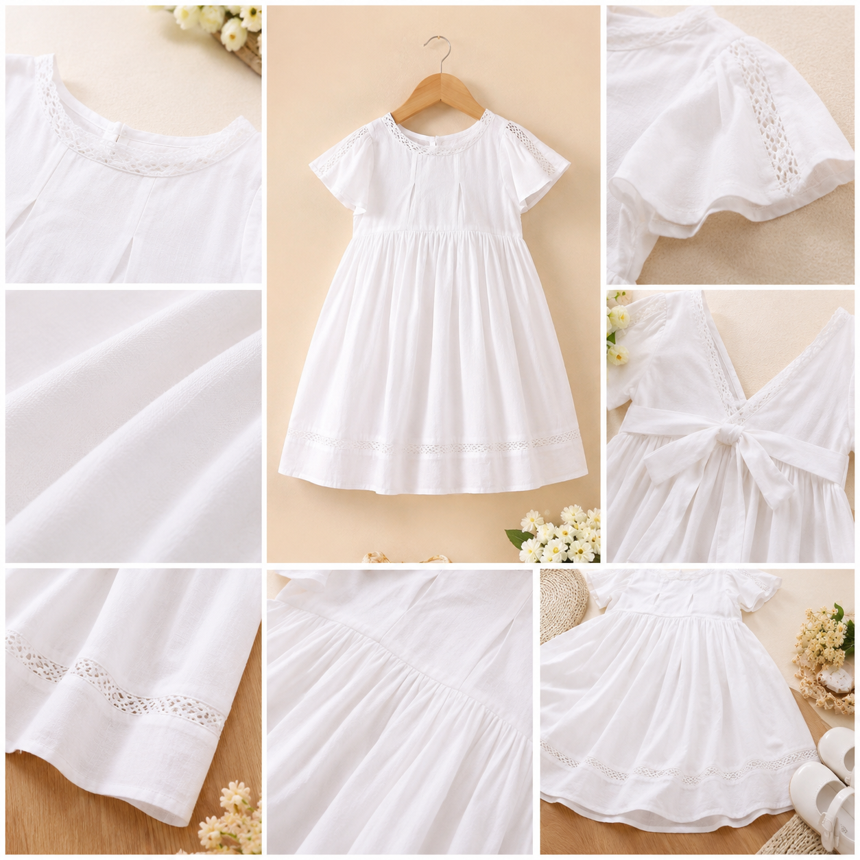 Girls White Solid Fit & Flare Dress with Lace Detail