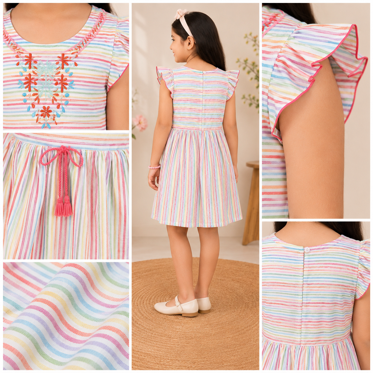 Girls Multicolour Striped Embroidered Dress