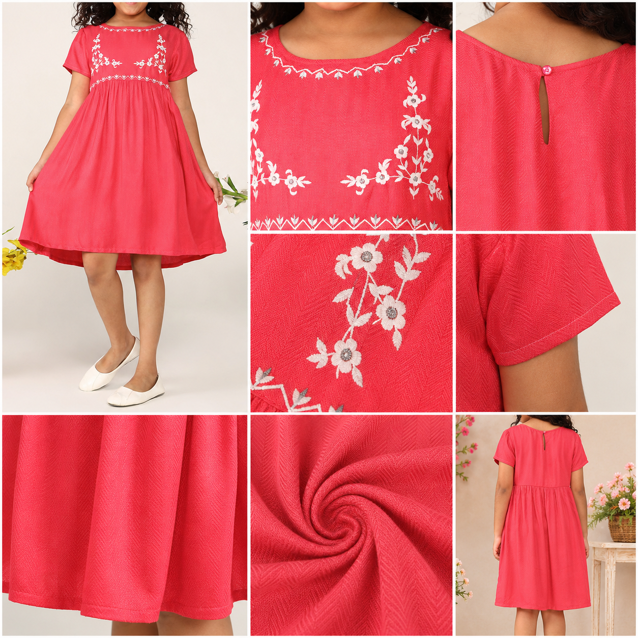 Girls Dark Pink Embroidered Gathered Dress