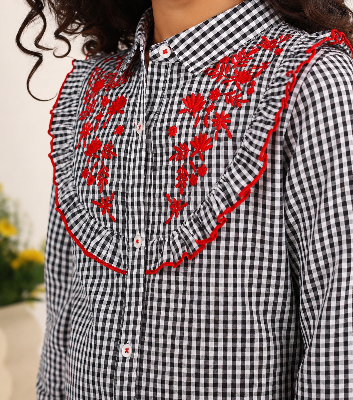 Girls Embroidered Check Dress