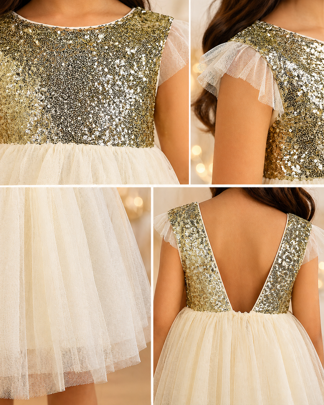 Girls Off-White & Gold Sequined Dress