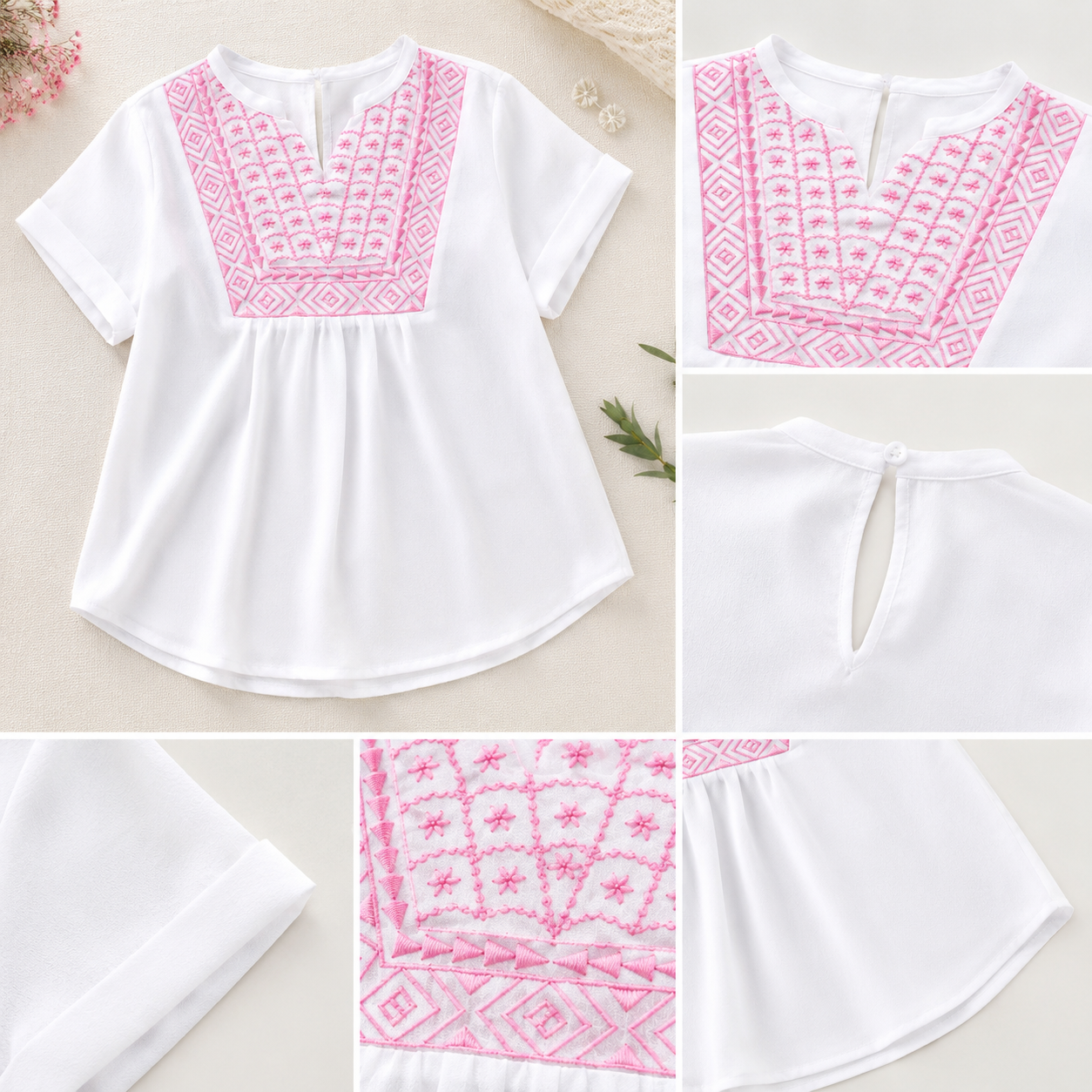 Girls White Embroidered Casual Top
