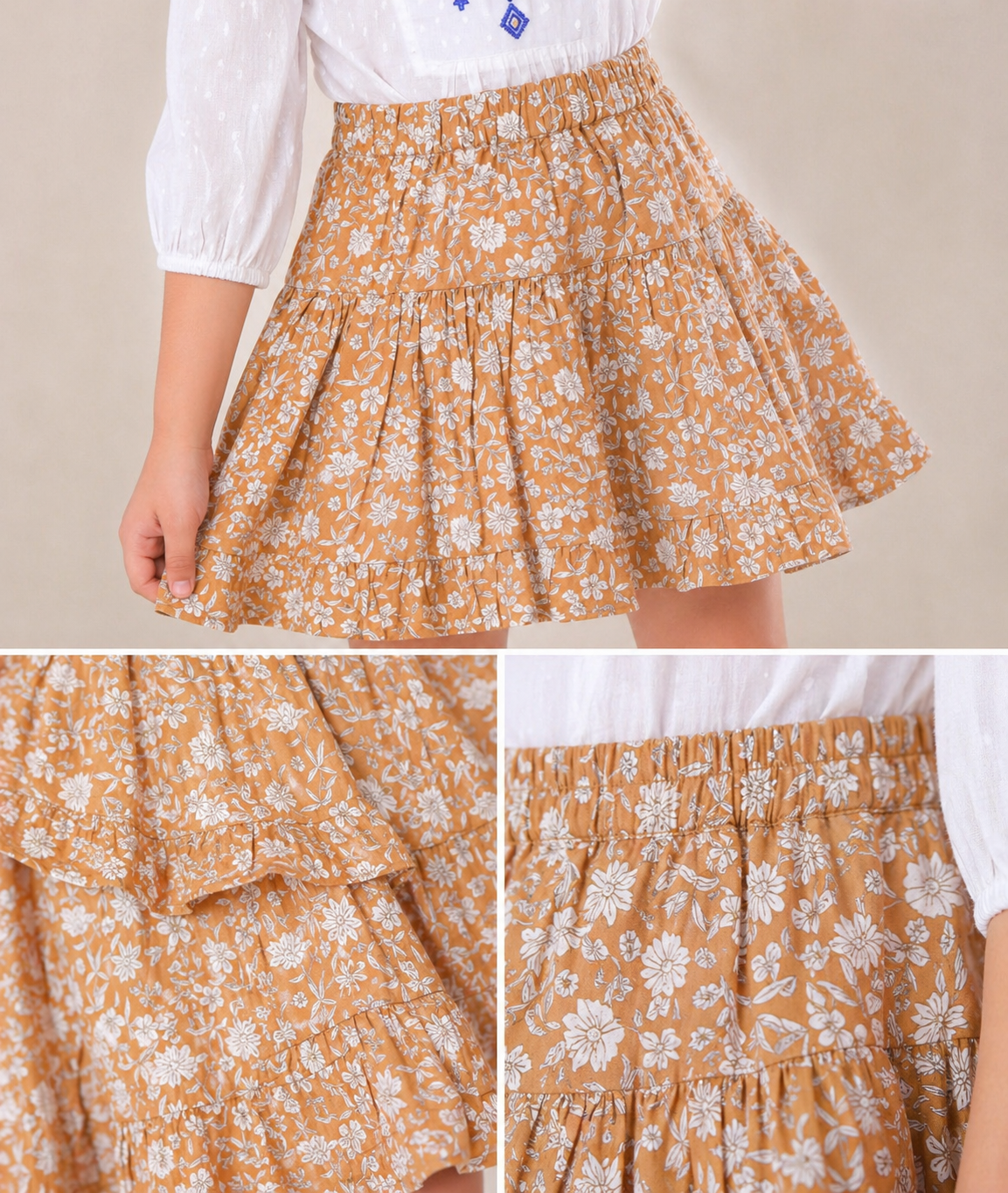 Girls Floral Printed Tiered Flared Mini Skirt