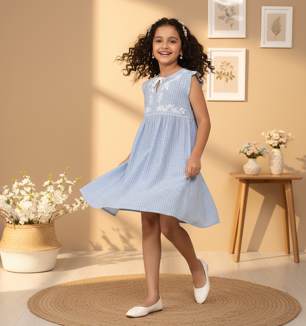 Girls Blue Striped Embroidered Dress