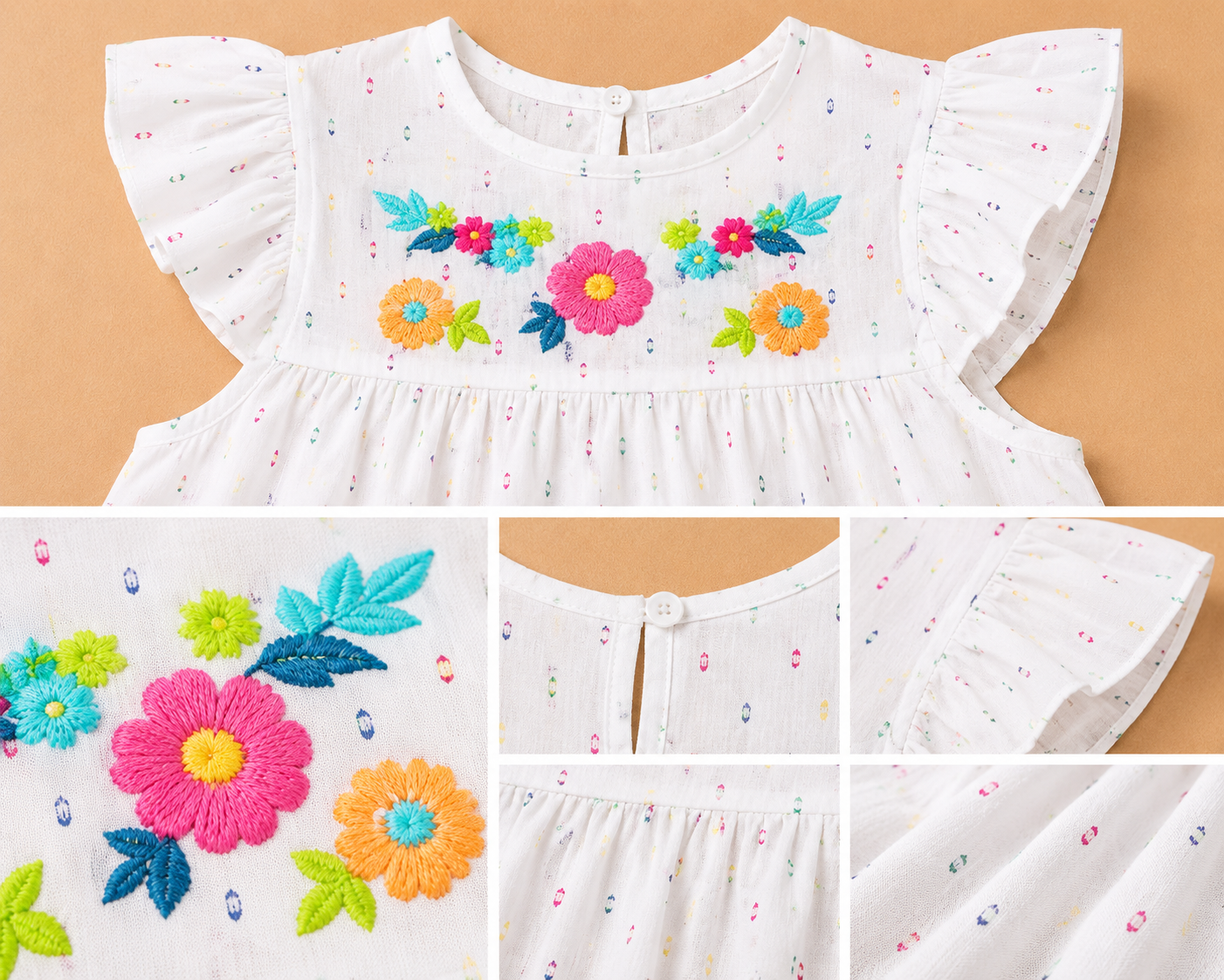 Girls Floral Embroidered Flutter Sleeve Top