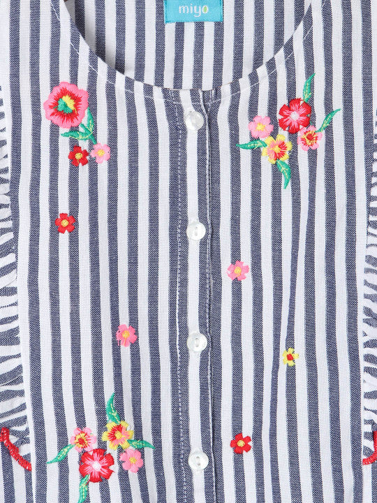 Girls Striped Floral Embroidered Top