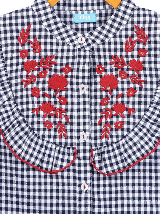 Girls Navy Blue Checked Casual Top