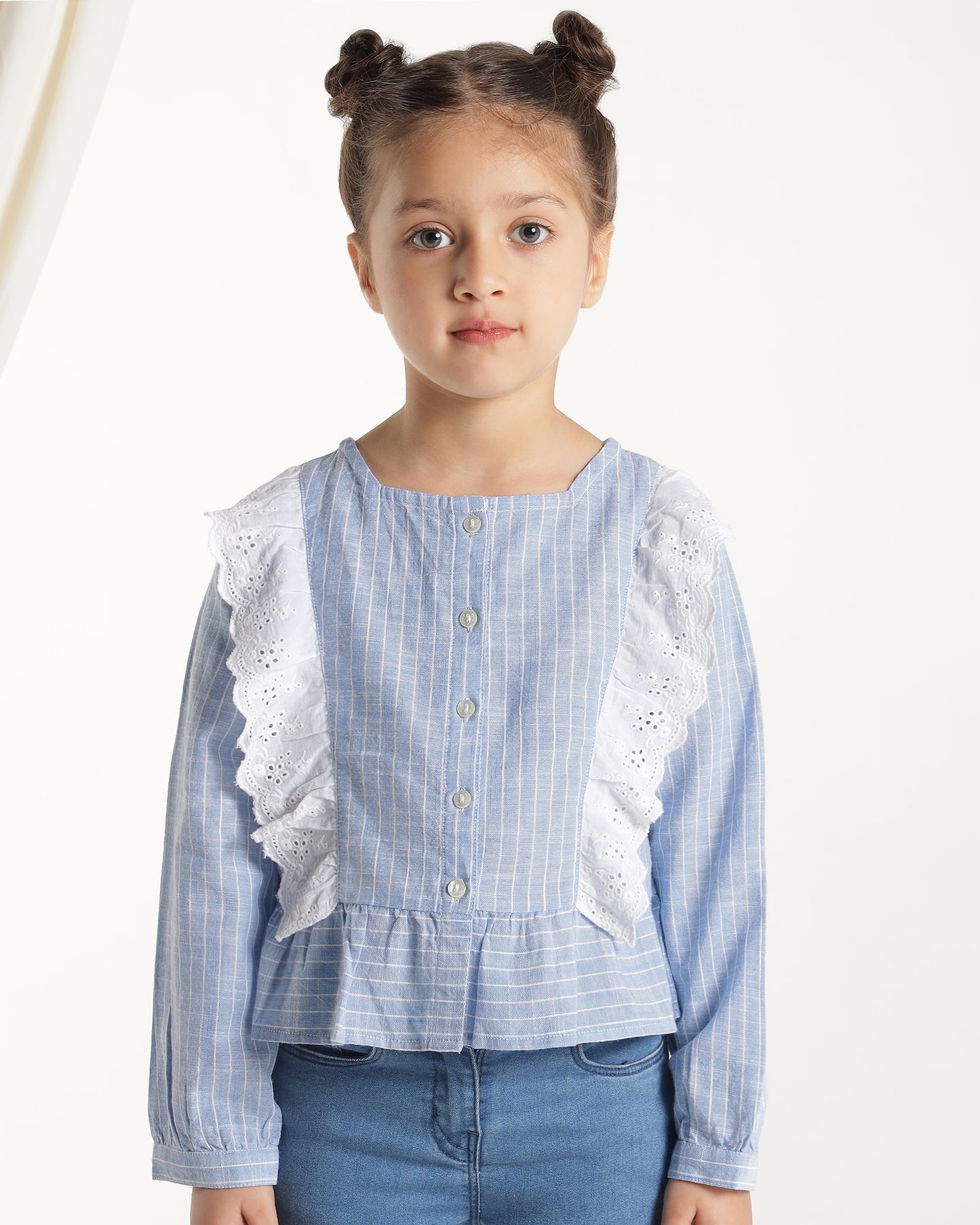 Girls Striped Lace Ruffle Casual Top