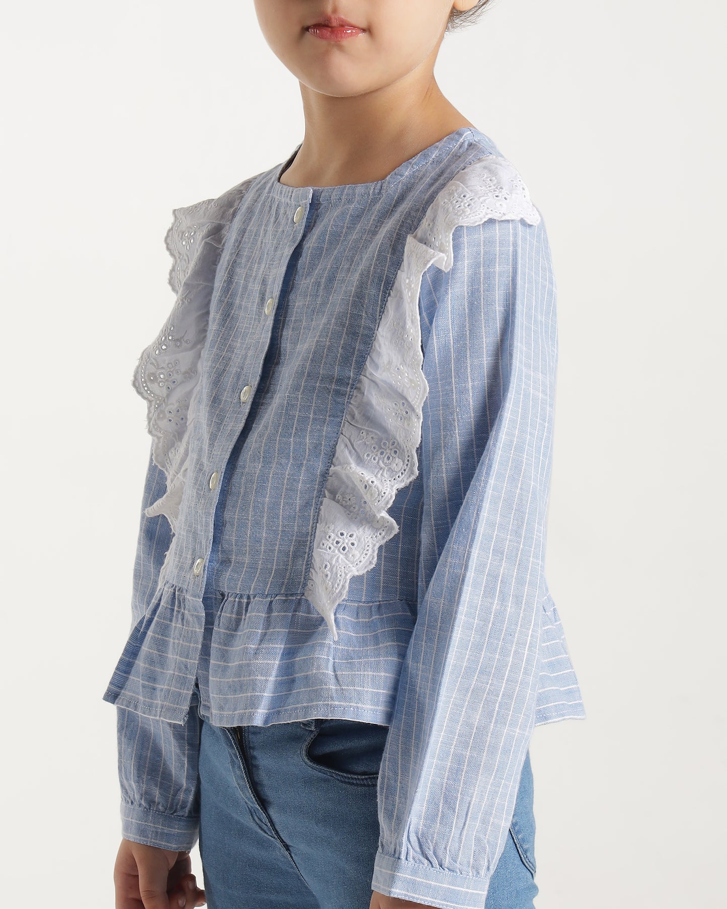 Girls Striped Lace Ruffle Casual Top