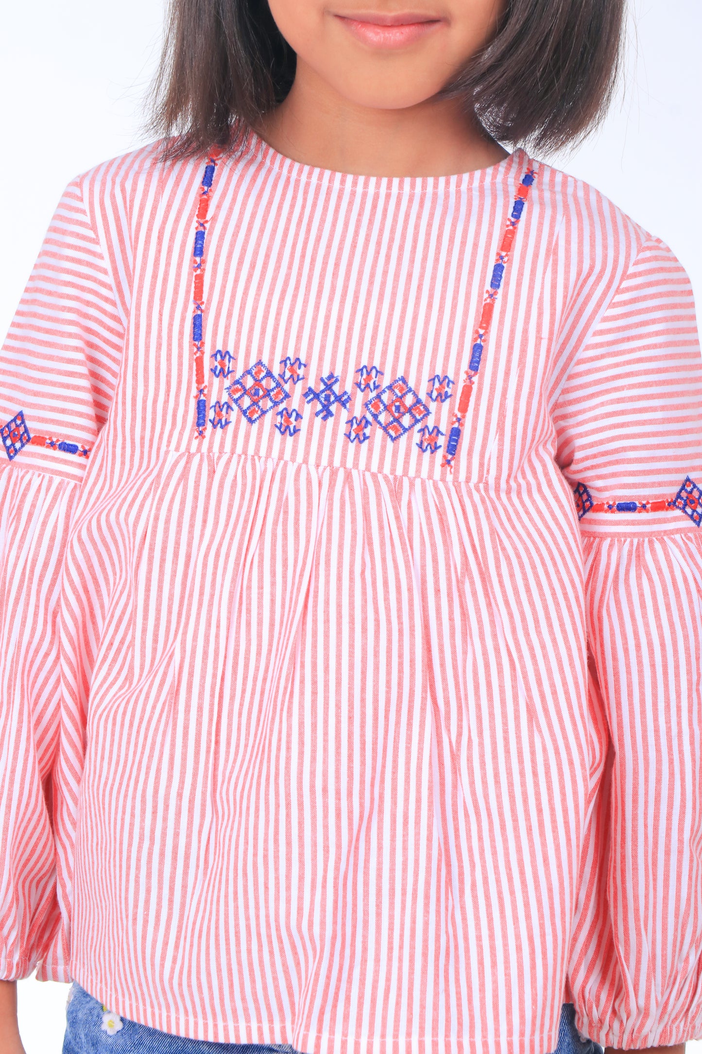 Girls Pink Striped Embroidered Casual Top