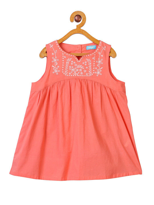 Girls Coral Sleeveless Embroidered Top