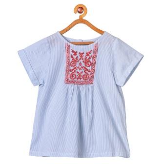 Girls Light Blue Embroidered Casual Top
