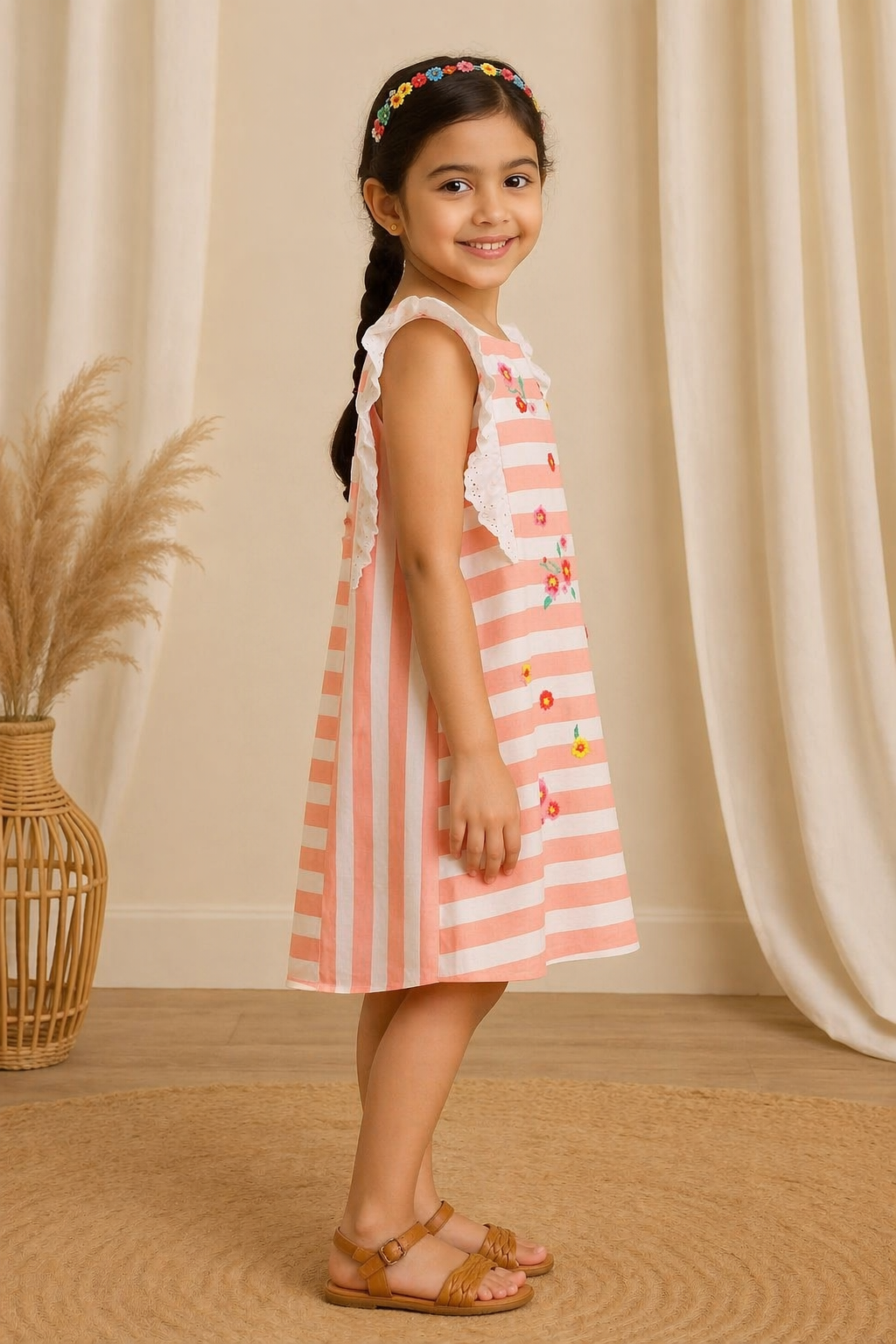 Girls Striped Embroidered Dress