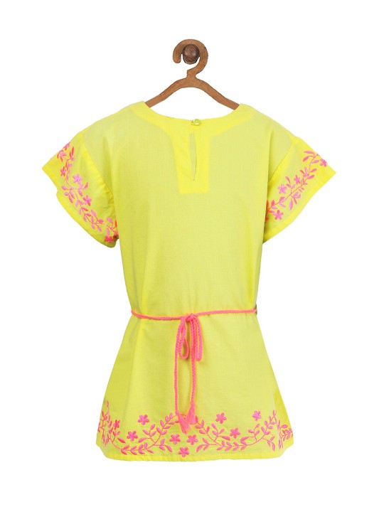 Girls Lemon Yellow Embroidered Top