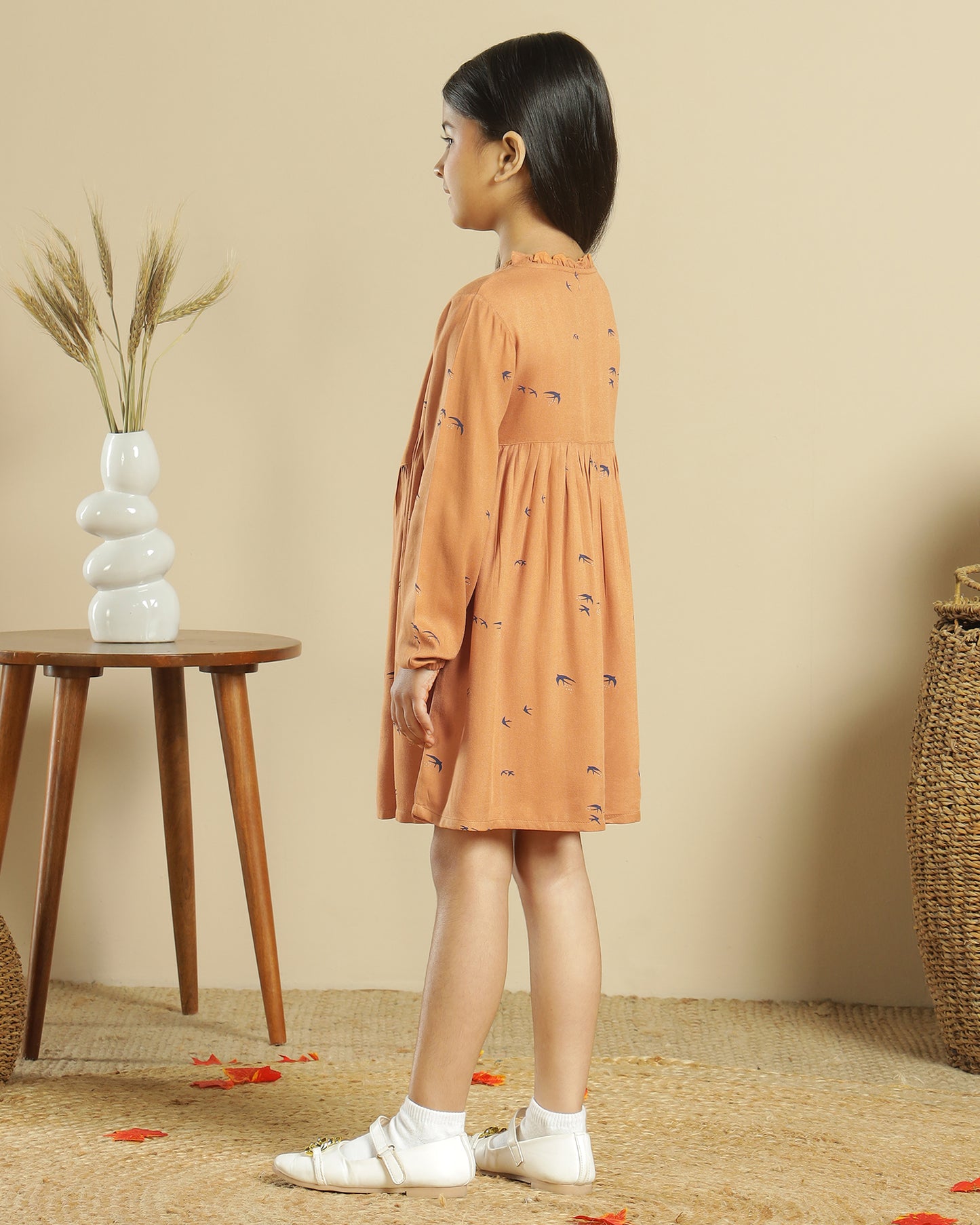 Girls Printed Ruffle Neck Dress