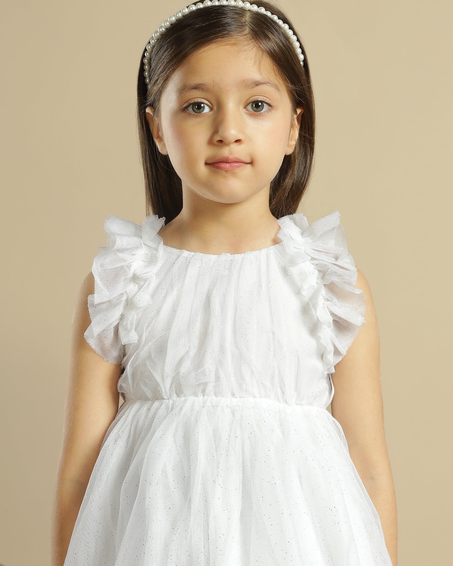 Girls White Glitter Net Dress