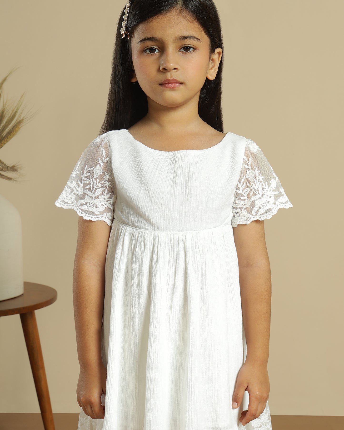 Girls White Net Embroidered Dress
