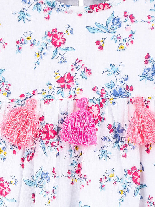Girls White Floral Print Dress