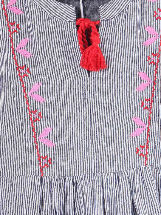 Girls Striped Embroidered Fit & Flare Dress