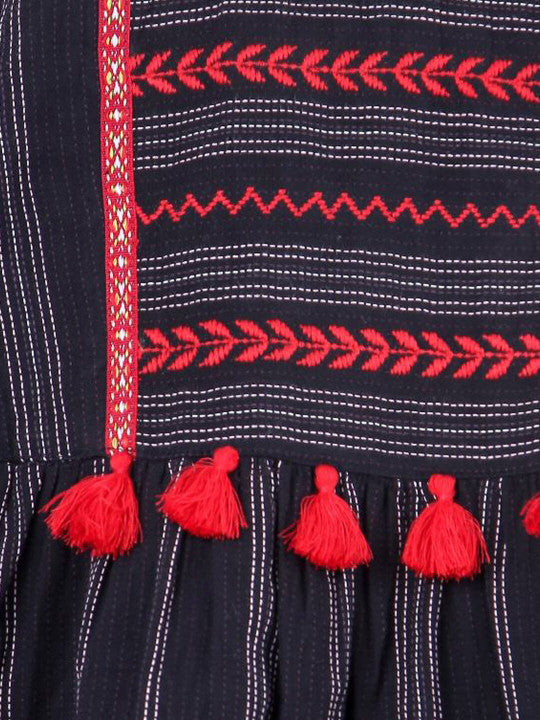 Girls Black Striped Embroidered Dress
