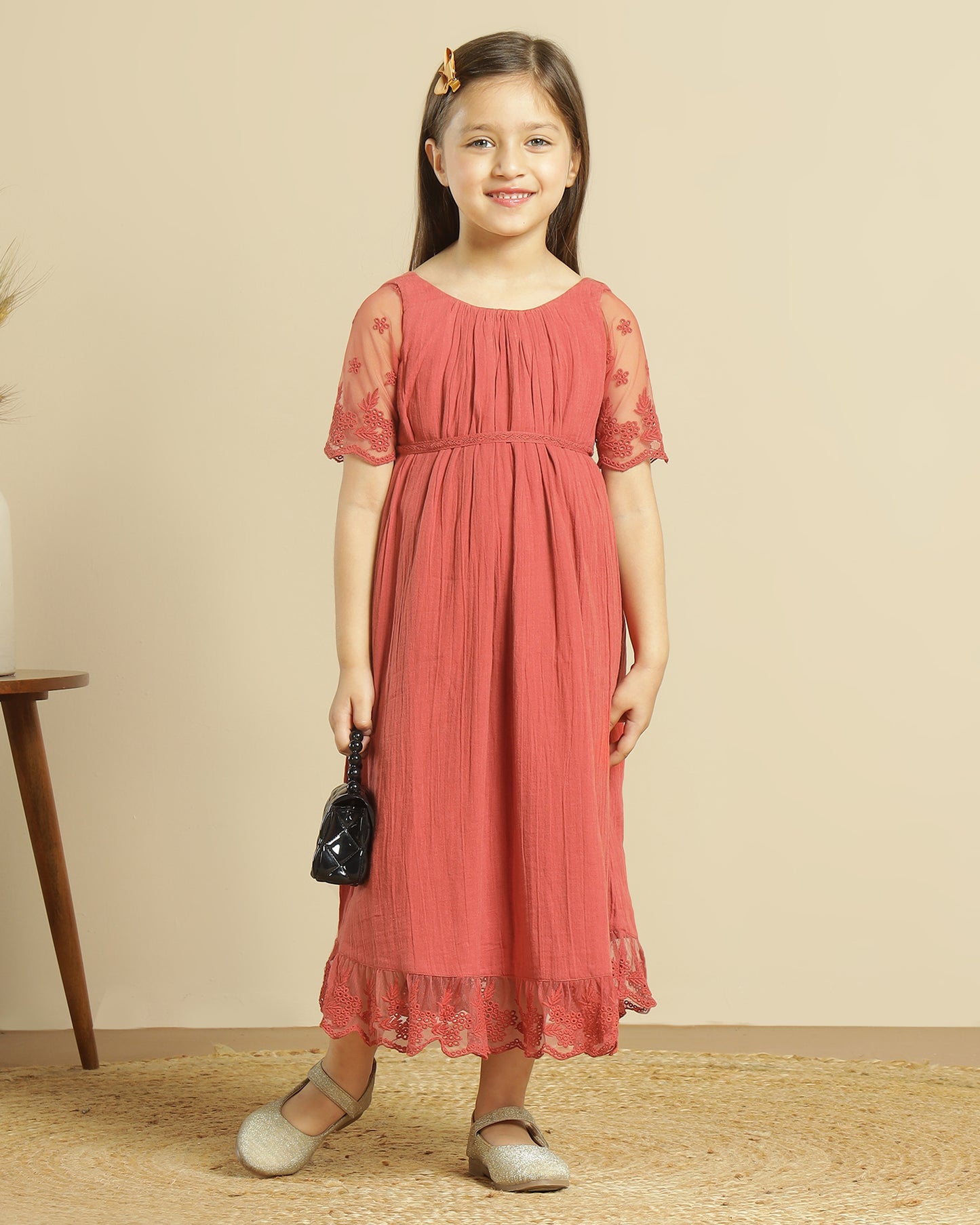 Girls Floral Lace Sleeve Maxi Dress